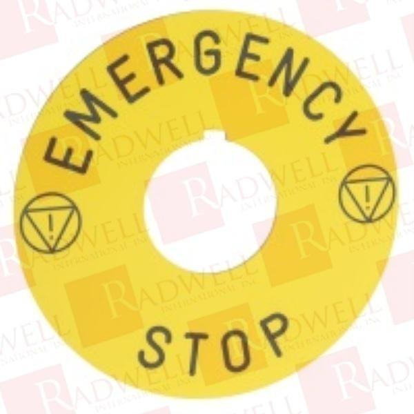 30mm Push Button, Types K or SK, plastic legend plate, 60 mm diameter, yellow, black letters, marked EMERGENCY STOP