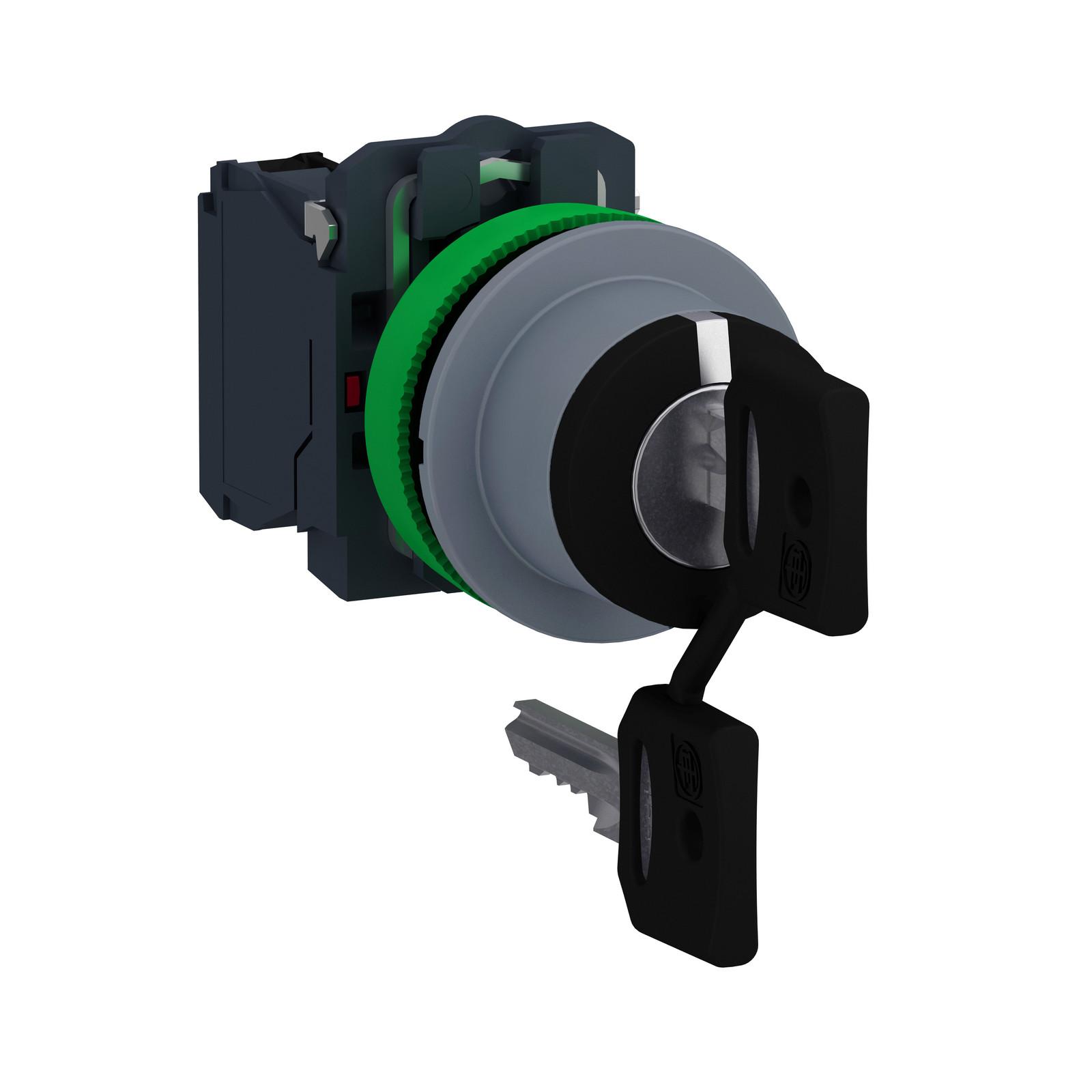 Selector switch, Harmony XB5, flush mounted, grey bezel, 30mm, 3 positions, key 455, stay put, 2NO