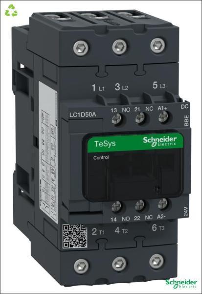 IEC contactor, TeSys Deca Green, nonreversing, 50A, 40HP at 480VAC, up to 100kA SCCR, 3 phase, 3 NO, 24VDC
