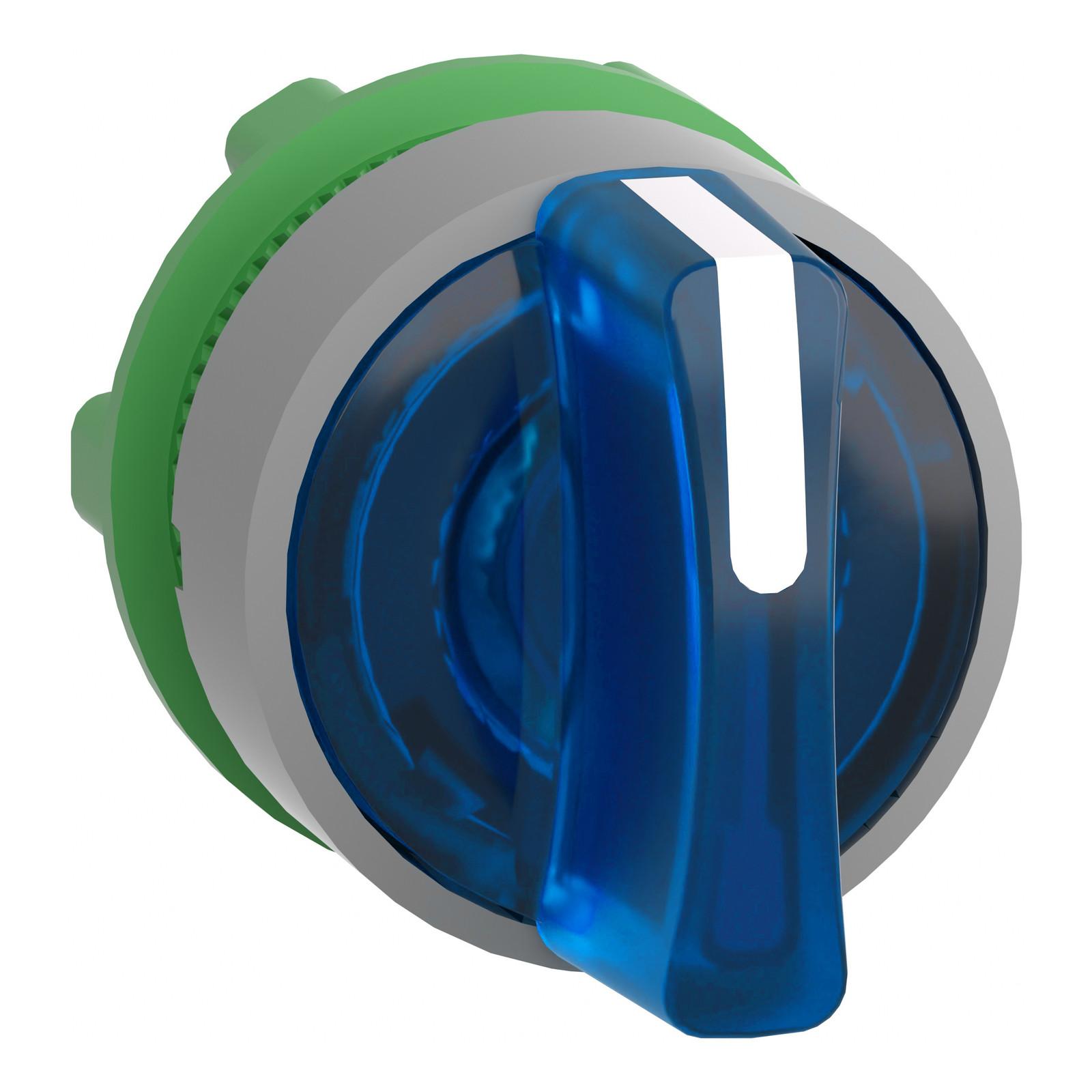 Head for illuminated selector switch, Harmony XB5, grey bezel, blue handle, 22mm, universal LED, 3 positions, left to center