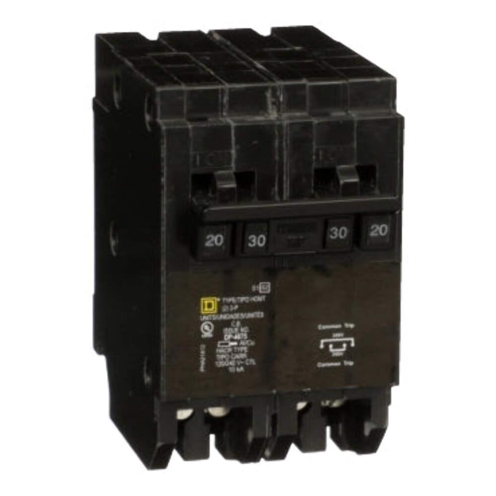 Quad tandem circuit breaker, Homeline, 1 x 2 pole at 20A, 1 x 2 pole at 30A, 120/240 V, 10kA AIR, plug in, UL