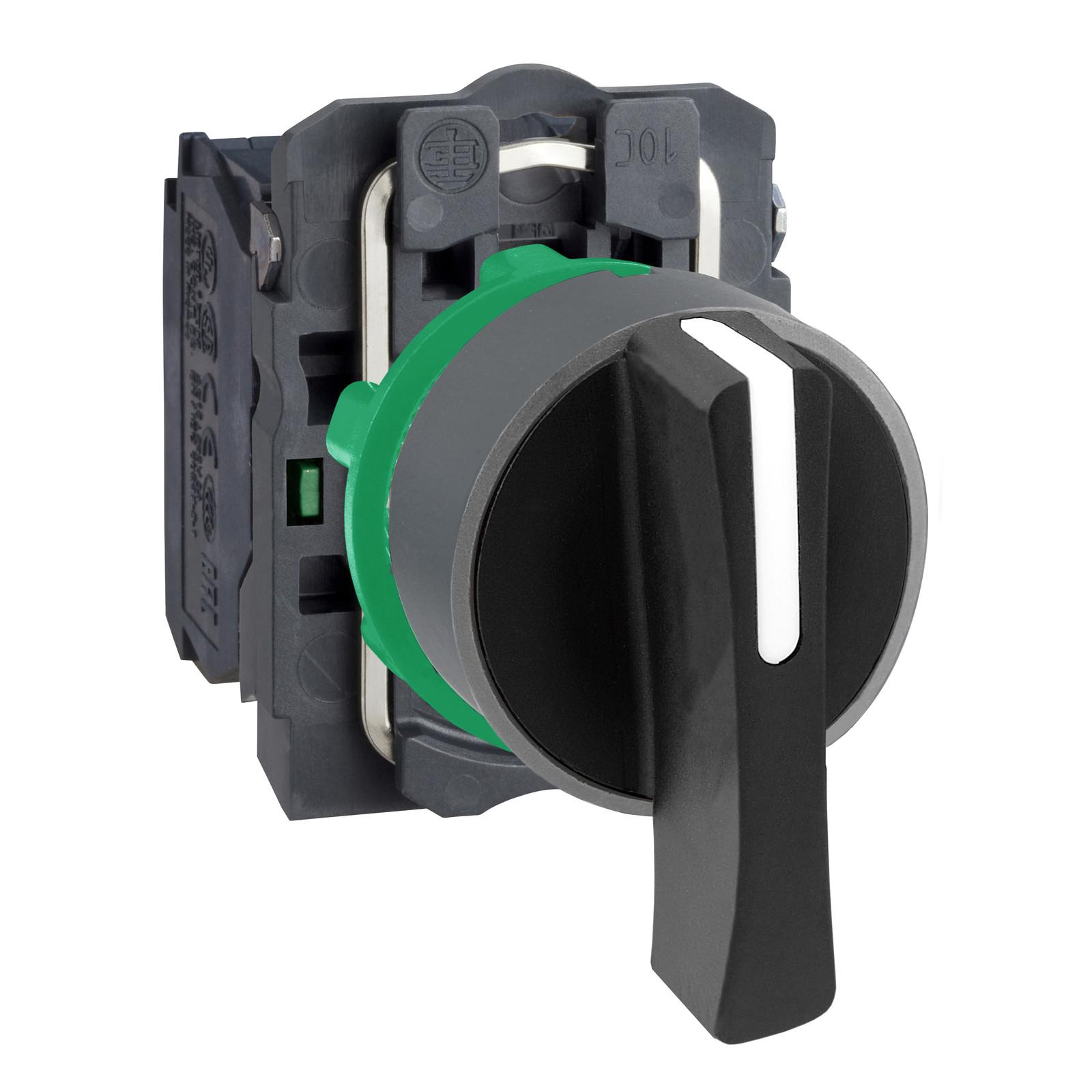 Selector switch, Harmony XB5, plastic, black, 22mm, long handle, 3 positions, spring return to center, 2 NO