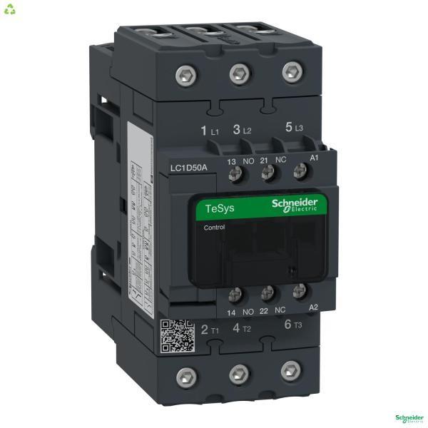 IEC contactor, TeSys Deca, nonreversing, 50A, 40HP at 480VAC, up to 100kA SCCR, 3 phase, 3 NO, 110VAC 50/60Hz coil, open