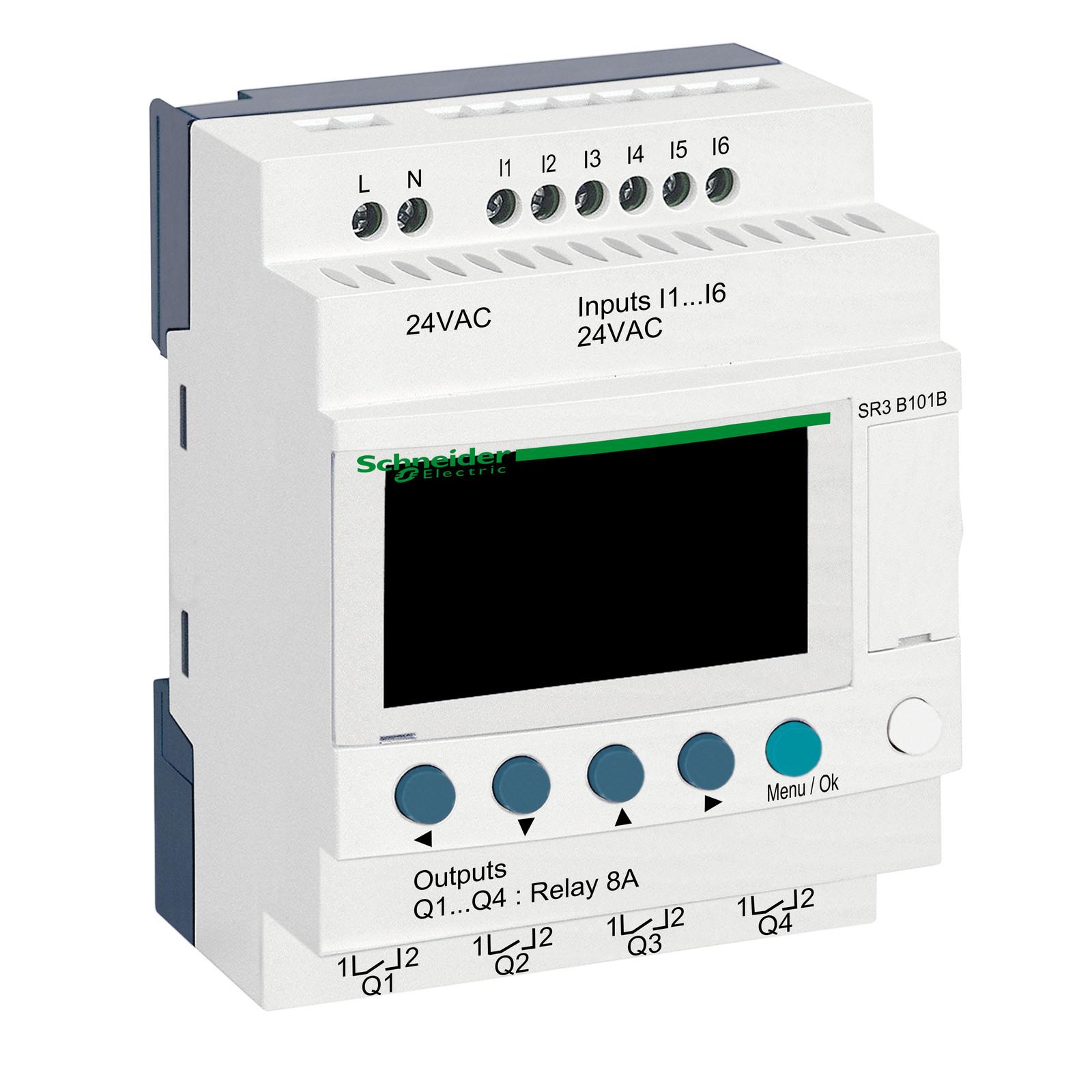 modular smart relay, Zelio Logic SR2 SR3, 10 IO, 24V AC, clock, display