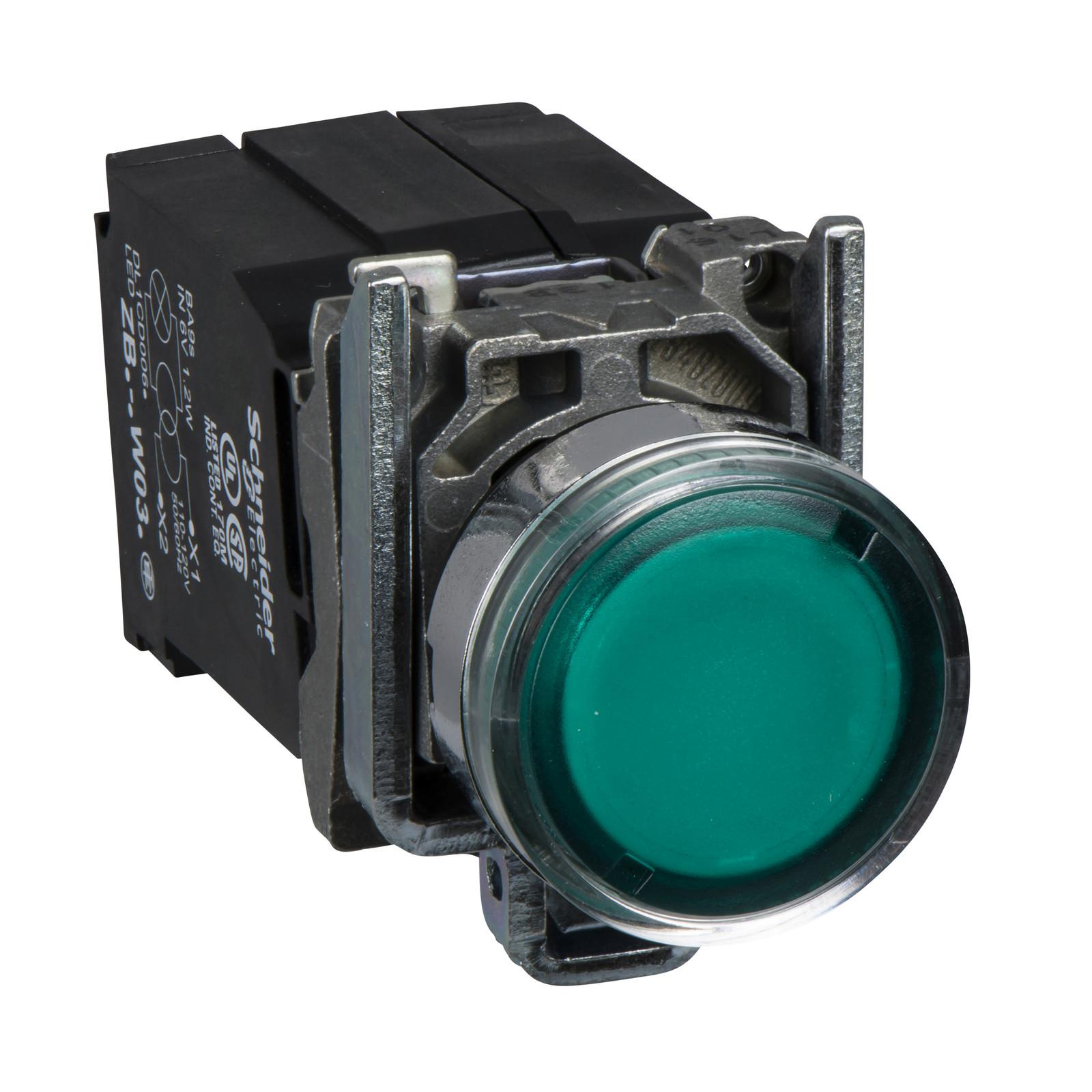 Illuminated push button, Harmony XB4, green flush, 22mm, spring return, 1NO + 1NC, 220...240V