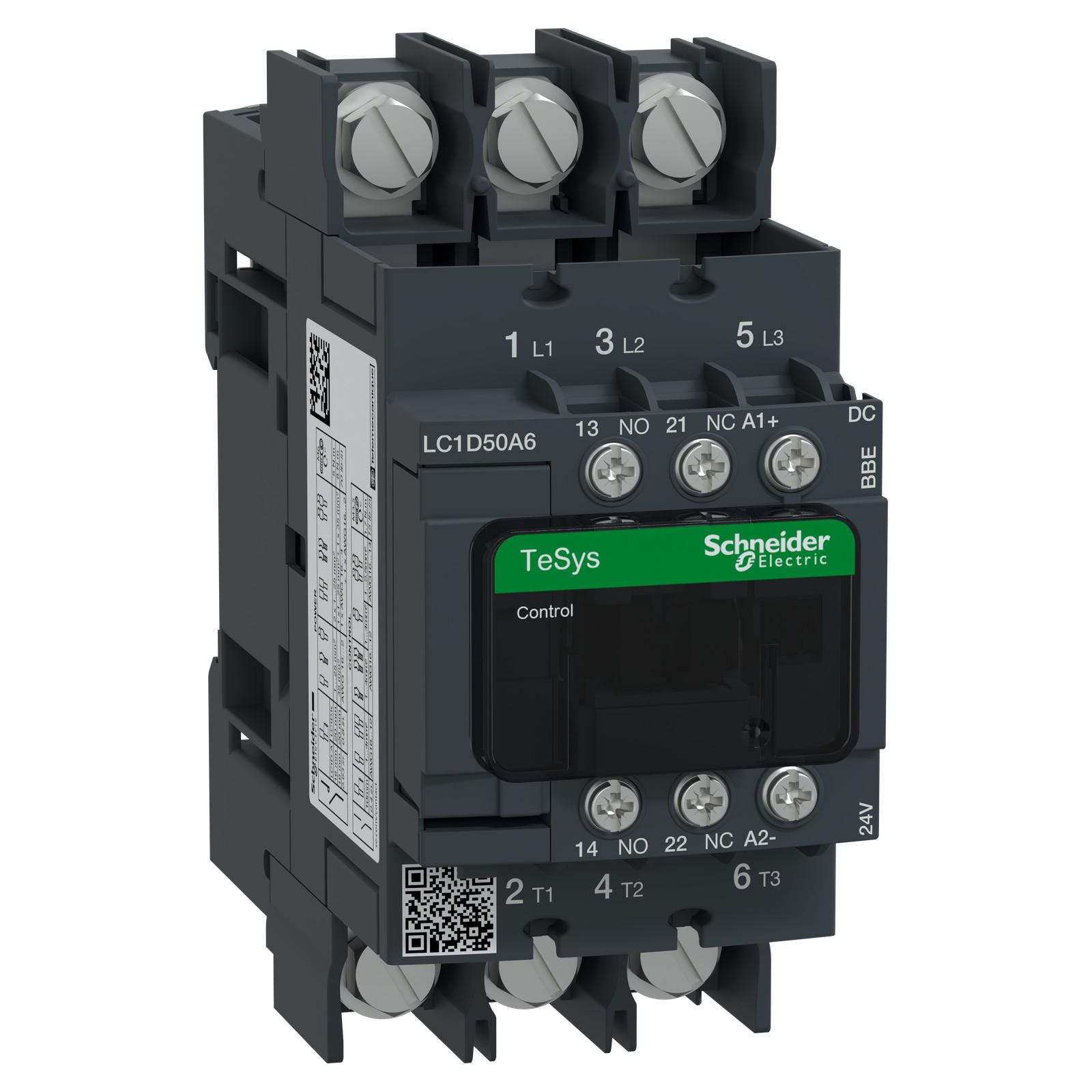 IEC contactor, TeSys Deca Green, nonreversing, 50A, 40HP at 480VAC, 3 phase, 3 pole, 3 NO, 24VDC coil, open style