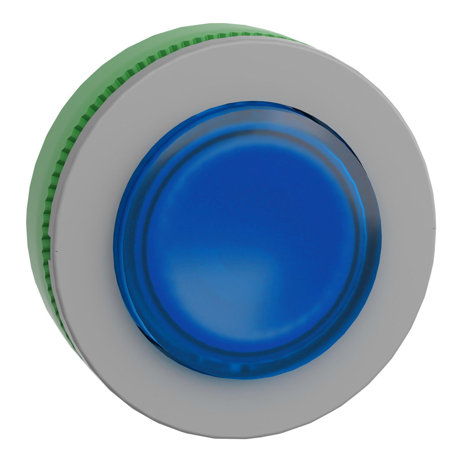 Head for illuminated push button, Harmony XB5, grey bezel, blue projecting, 30mm, universal LED, spring return, unmarked