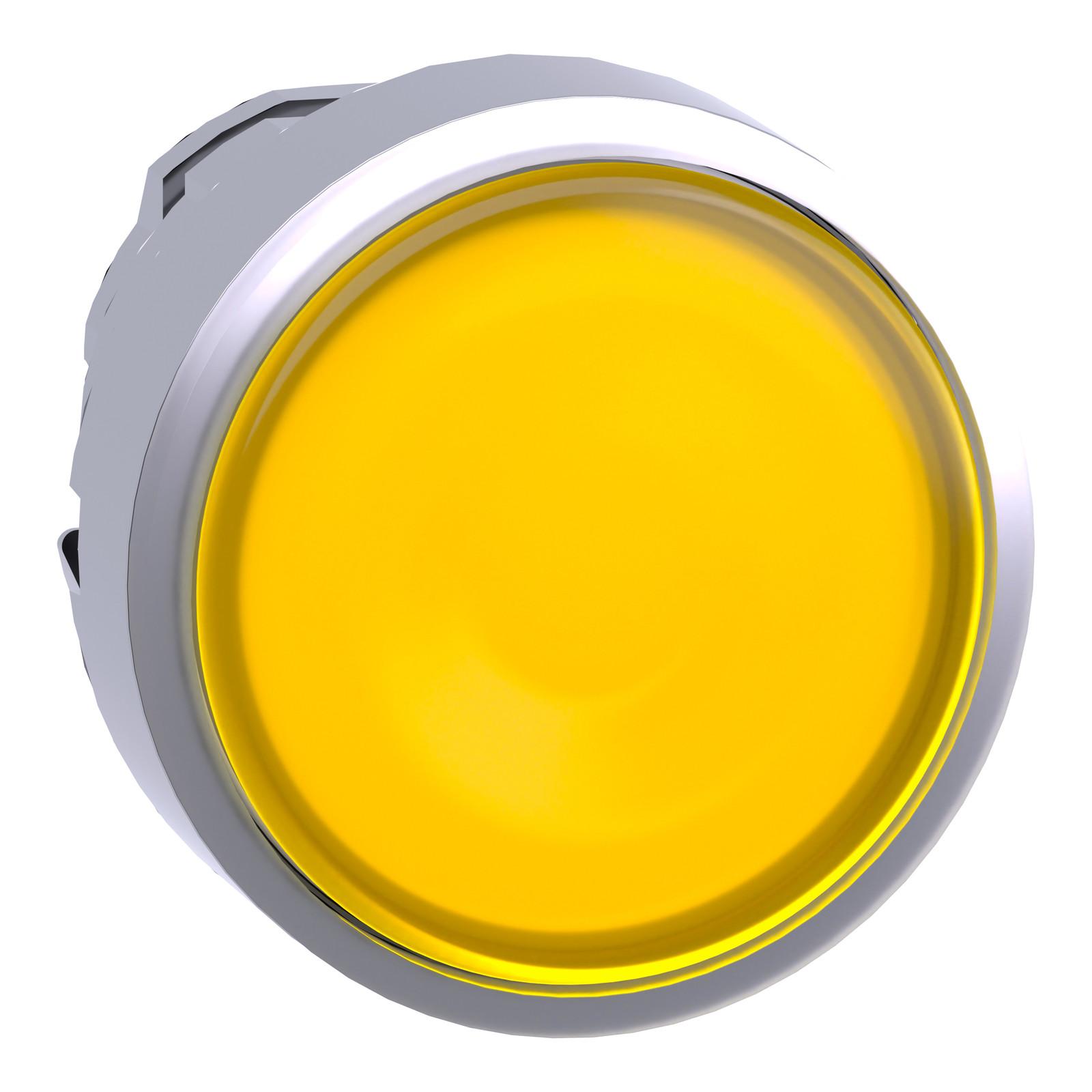 Head for illuminated push button, Harmony XB4, metal, yellow flush, 22mm, universal LED, for insertion legend