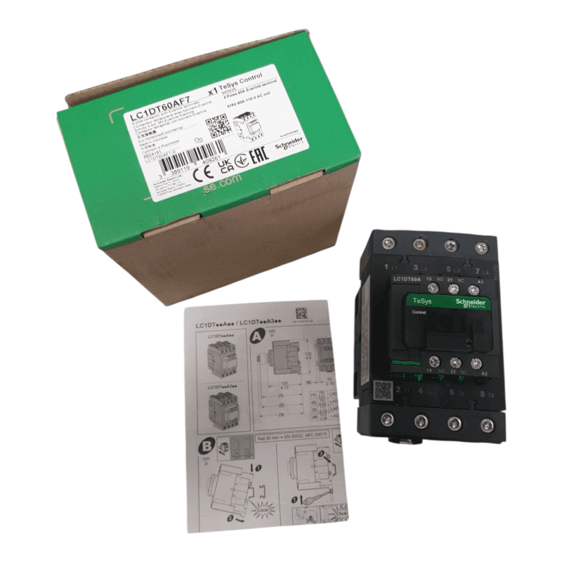 IEC contactor, TeSys Deca, nonreversing, 60A resistive, 4 pole, 4 NO, 110VAC 50/60Hz coil, open style
