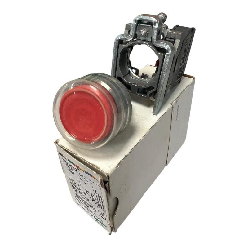 Push button, Harmony XB4, metal, projecting, red, 22mm, spring return, booted, unmarked, 1NC