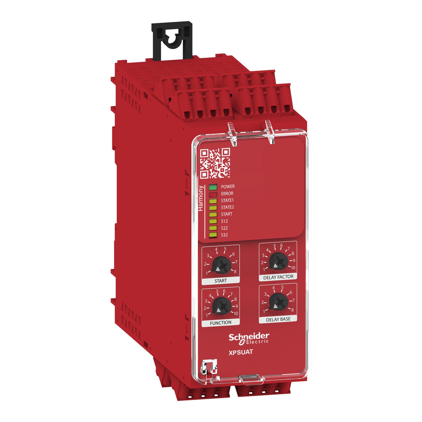 safety module, Harmony XPSU, Cat4, features XPSUAK with delayed outputs, 48 to 240V AC or DC, spring