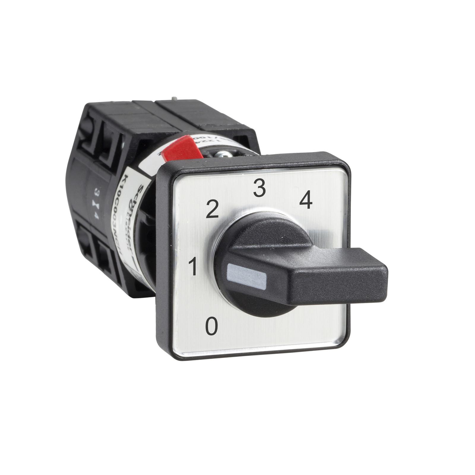 Cam stepping switch, Harmony K, Ø16 or 22mm, plastic, 1 poles,position 0, 4 steps+position 0, 30°, 10A, 30x30mm, marked 0/1/2/3/4