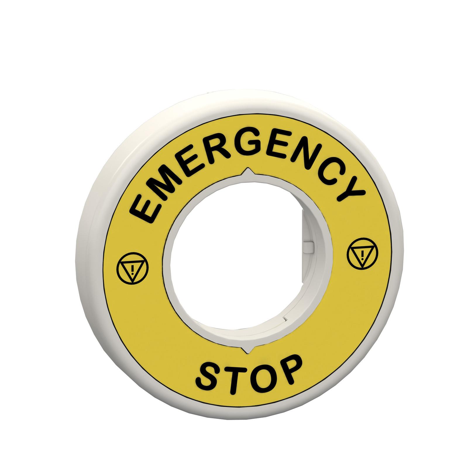 Illuminated marked legend ring, Harmony XB5, 60mm, plastic, yellow, red fixed integral LED, marked EMERGENCY STOP, 24V AC DC