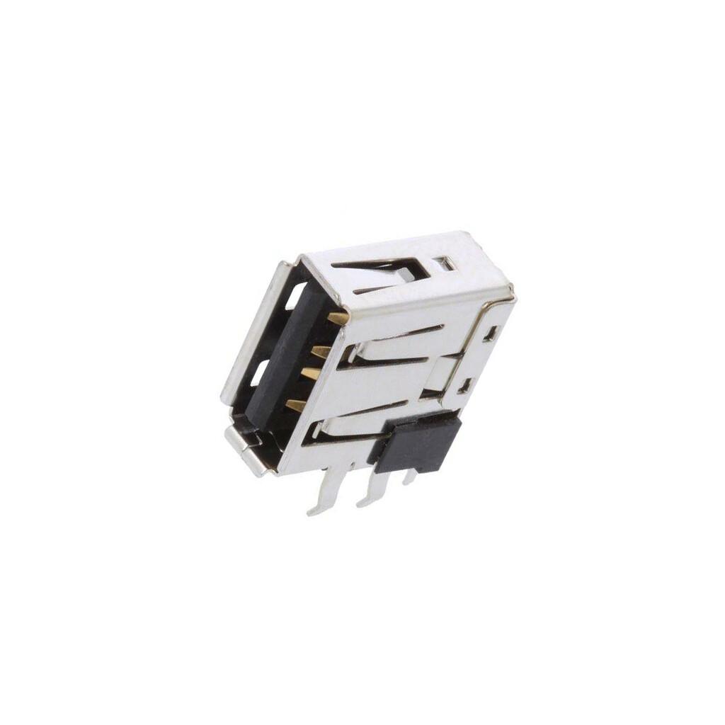 Universal Serial Bus (USB) Shielded I/O Receptacle, Type A Single Upright Right-Angle, Solder Tail Length 2.00mm, Kinked Pins, PCB Thickness 1.20mm and 1.60mm, 0.76µm Gold (Au) Plating, Lead-Free
