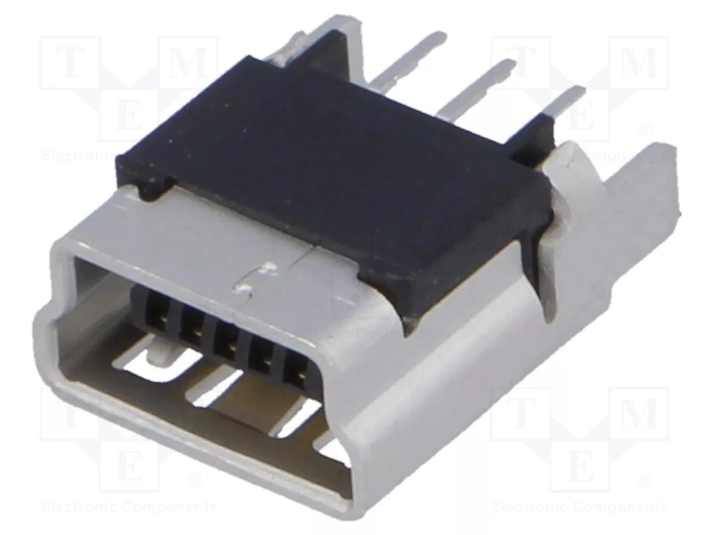 Mini USB, B-Receptacle, Vertical, Through Hole Solder Tails and Shell Tabs