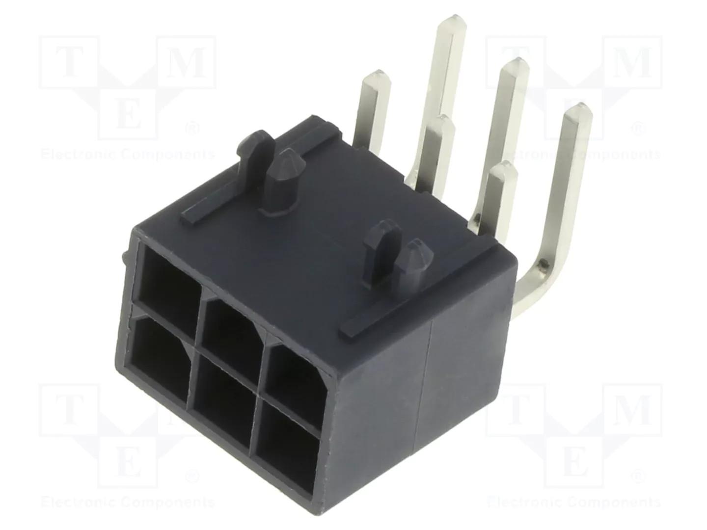 Mini-Fit Jr. Header, Dual Row, Right-Angle, with Snap-in Plastic Peg PCB Lock, 6 Circuits, PA Polyamide Nylon 6/6 94V-2, Tin (Sn) Plating, Glow-Wire Capable
