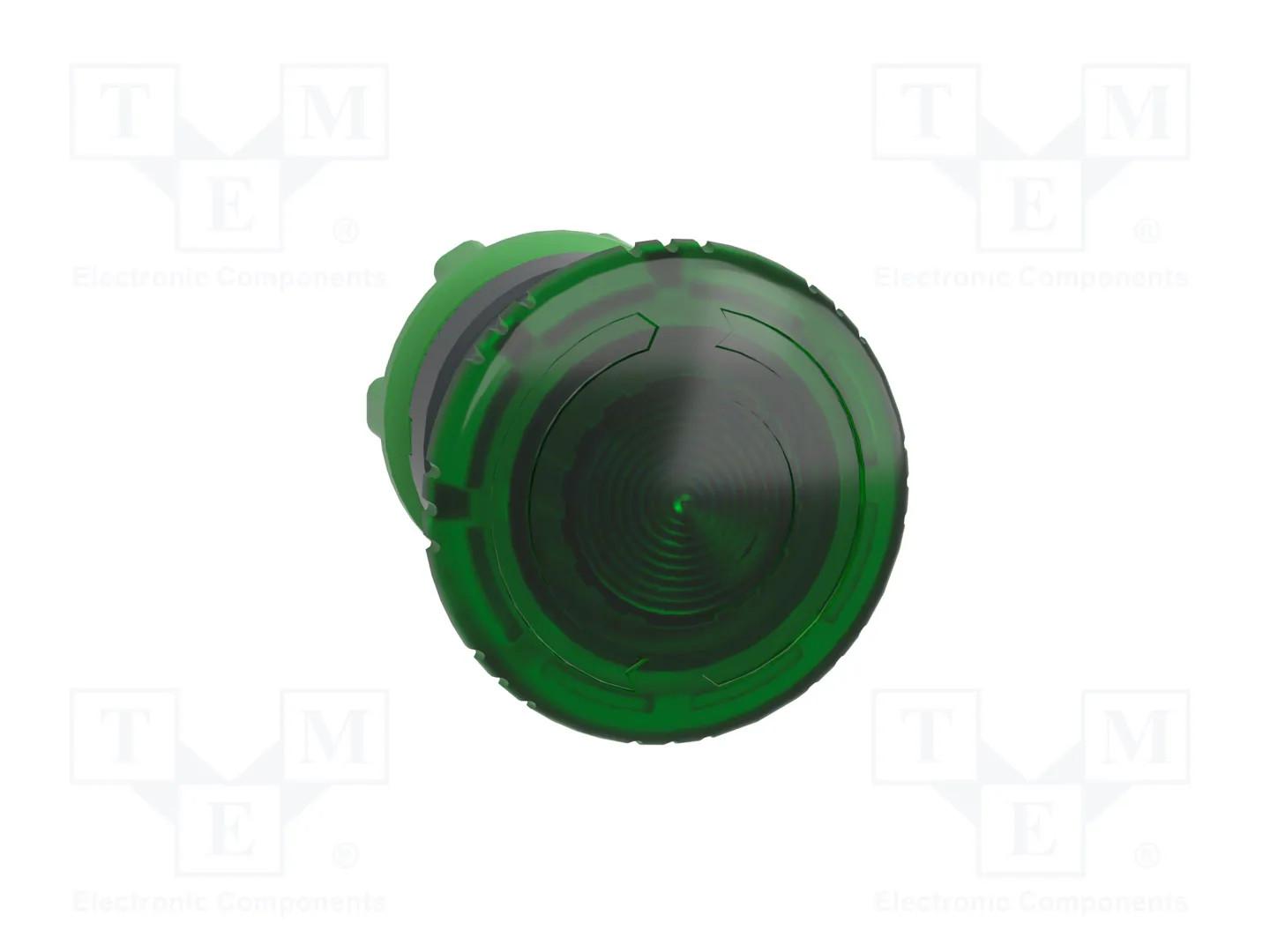 Head for illuminated push button, Harmony XB5, plastic, green mushroom 40mm, 22mm, latching turn to release, clear boot