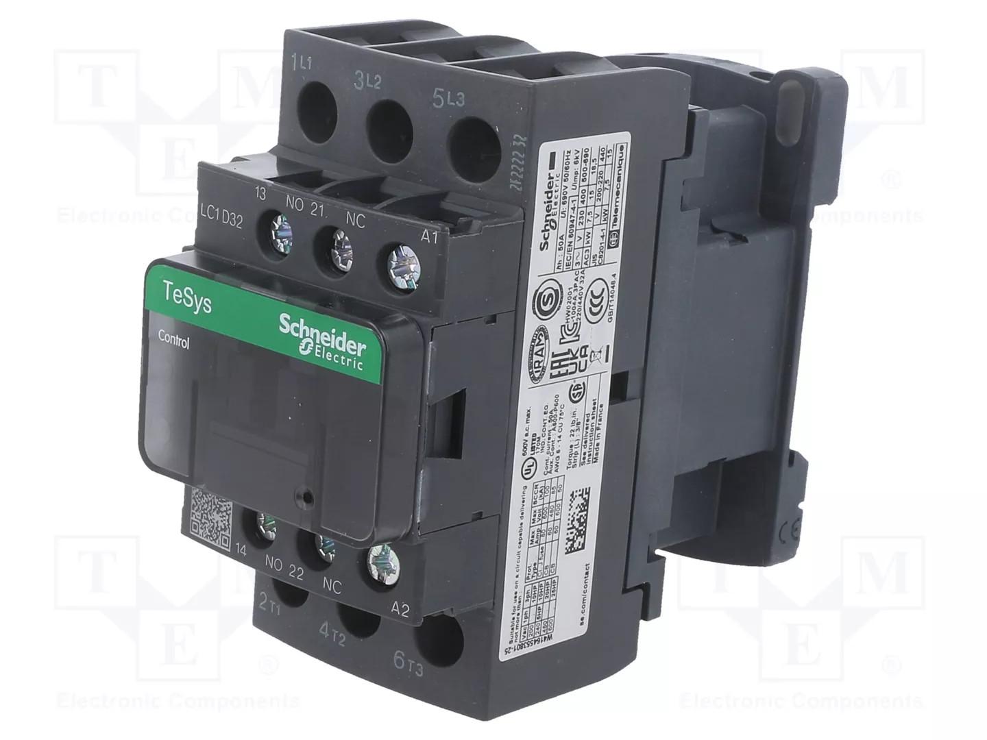 IEC contactor, TeSys Deca, nonreversing, 32A, 20HP at 480VAC, up to 100kA SCCR, 3 phase, 3 NO, 415VAC 50/60Hz coil, open