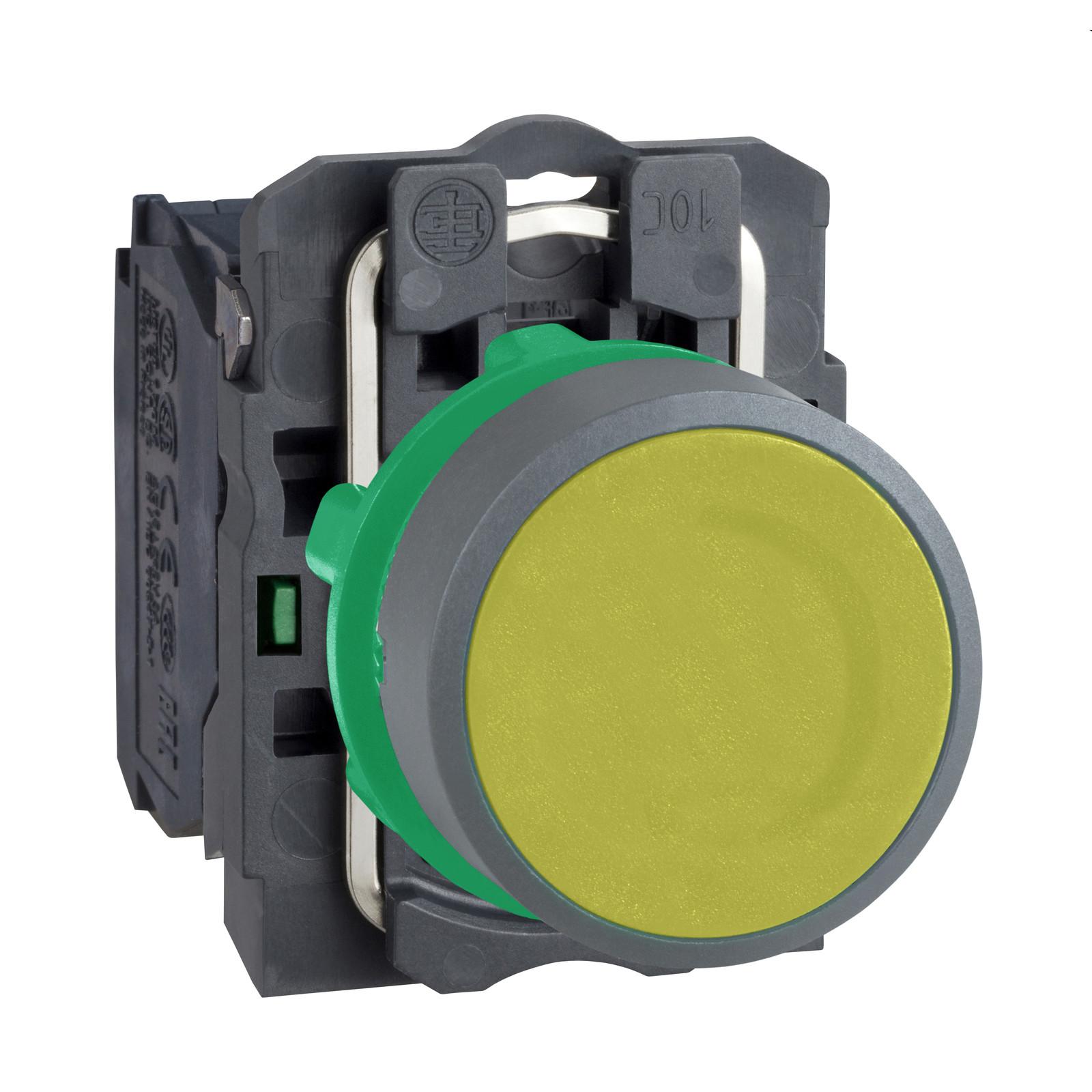 Push button, Harmony XB5, yellow flush, grey bezel, 22mm, spring return, 1NO, unmarked