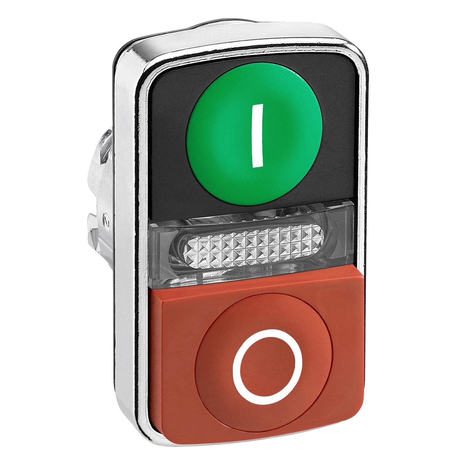 Illuminated double headed push button head, Harmony XB4, metal, 22mm, marked, 1 green flush I + 1 pilot light + 1 red projecting O