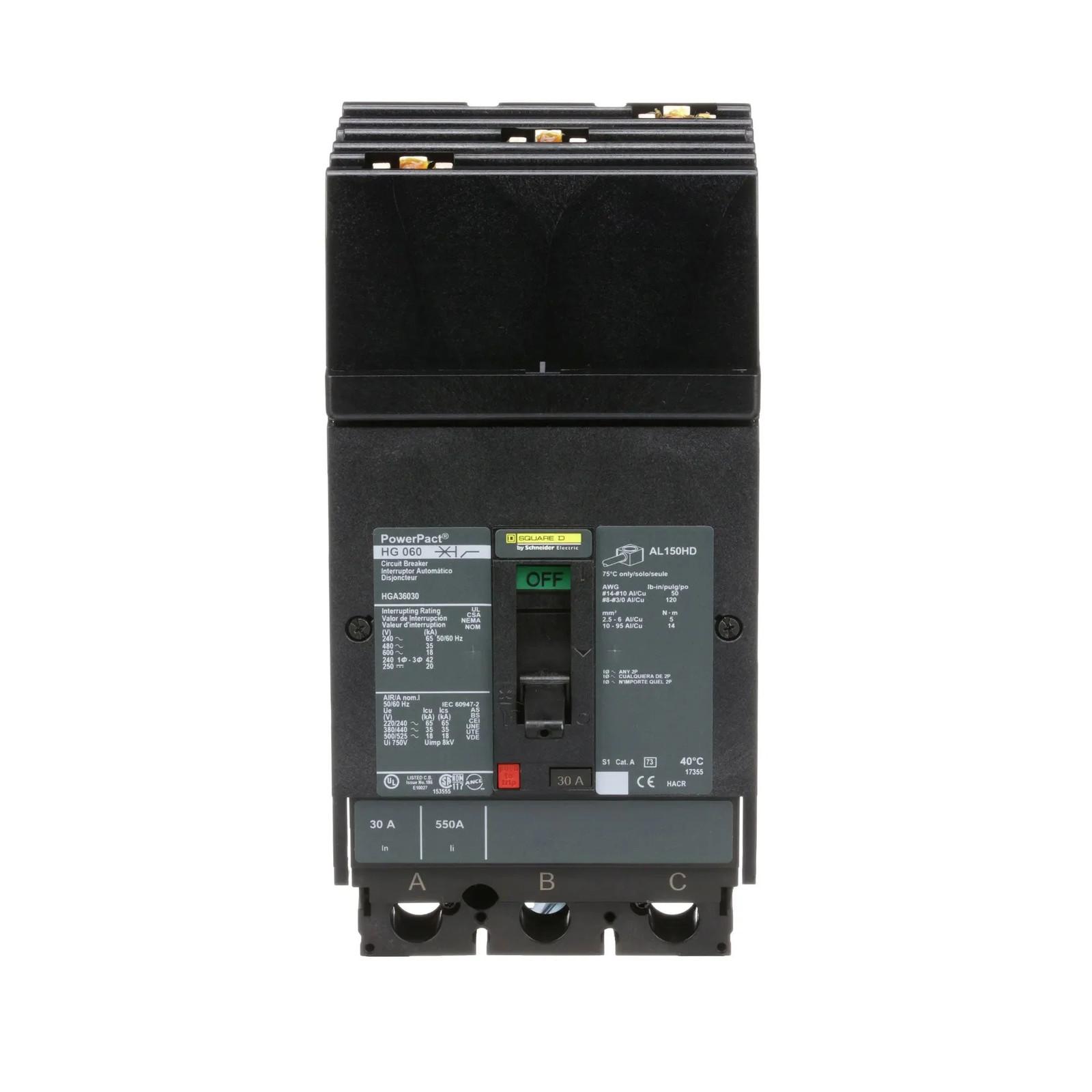 Circuit breaker, PowerPacT H, 30A, 3 pole, 600VAC, 18kA, I-Line, thermal magnetic, 80%, ABC