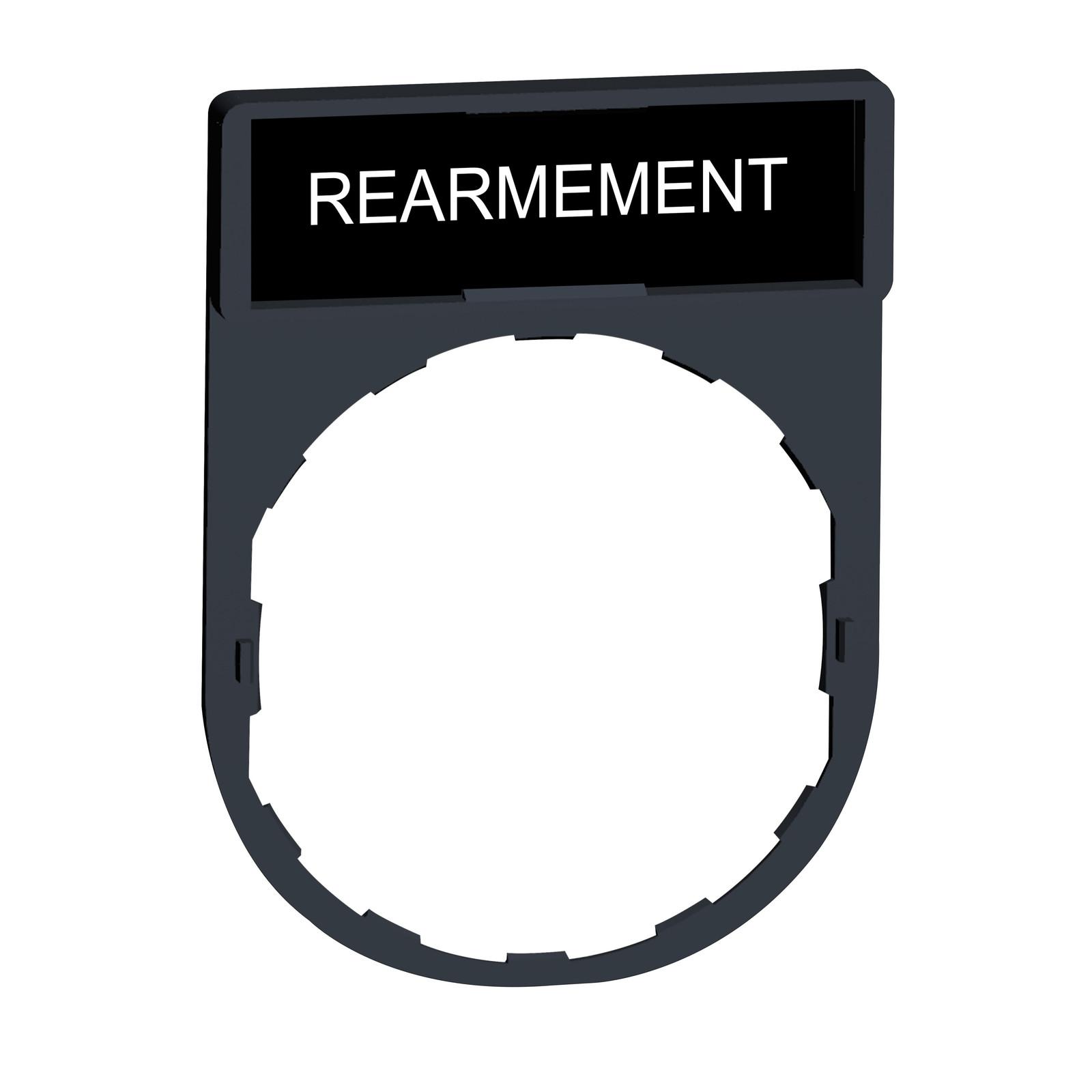 Legend holder, Harmony XB4, 30 x 40mm, plastic, black, 8 x 27mm legend, white marked REARMEMENT