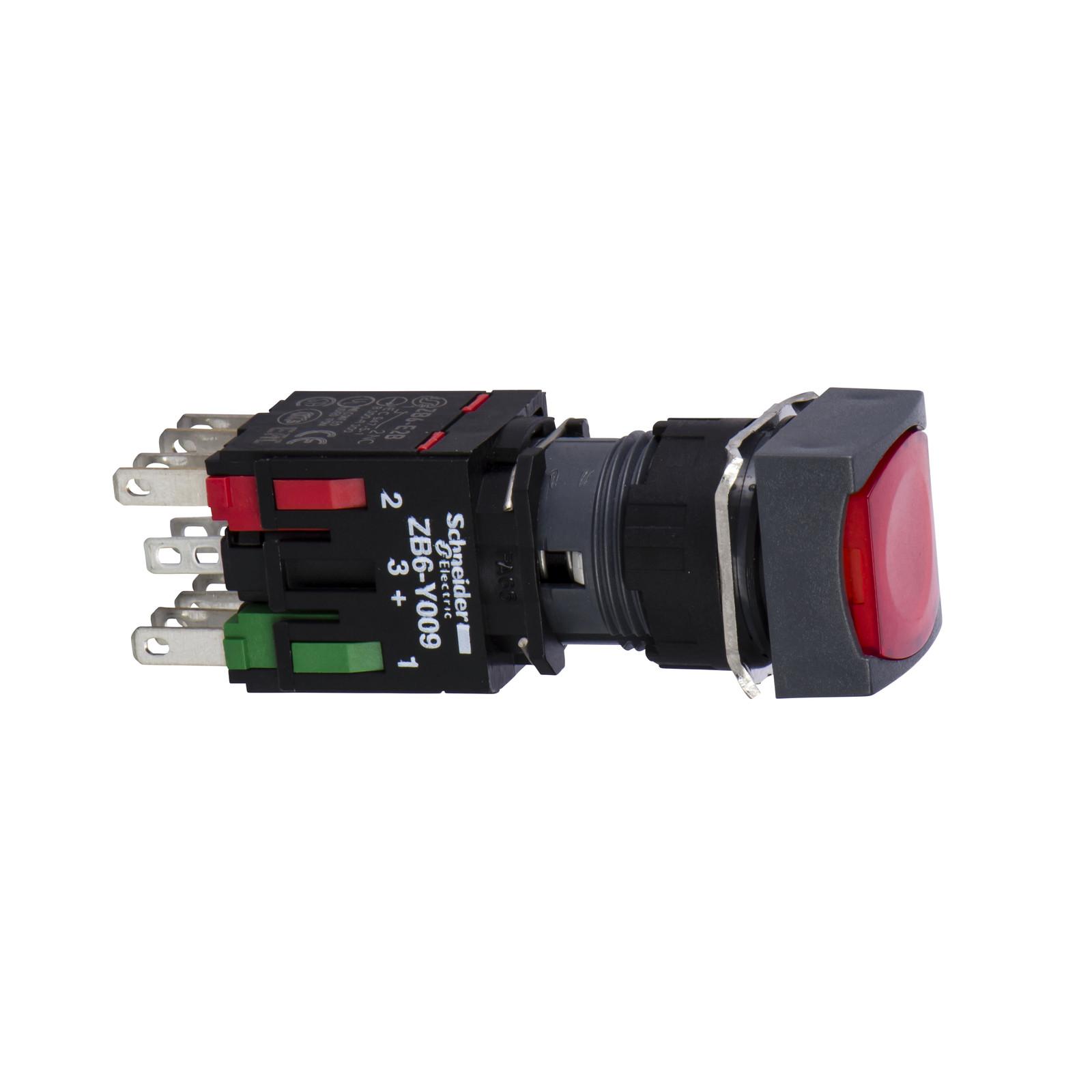 Complete illuminated push button, Harmony XB6, red square flush, 16mm, spring return, 1NO + 1NC, 12...24V
