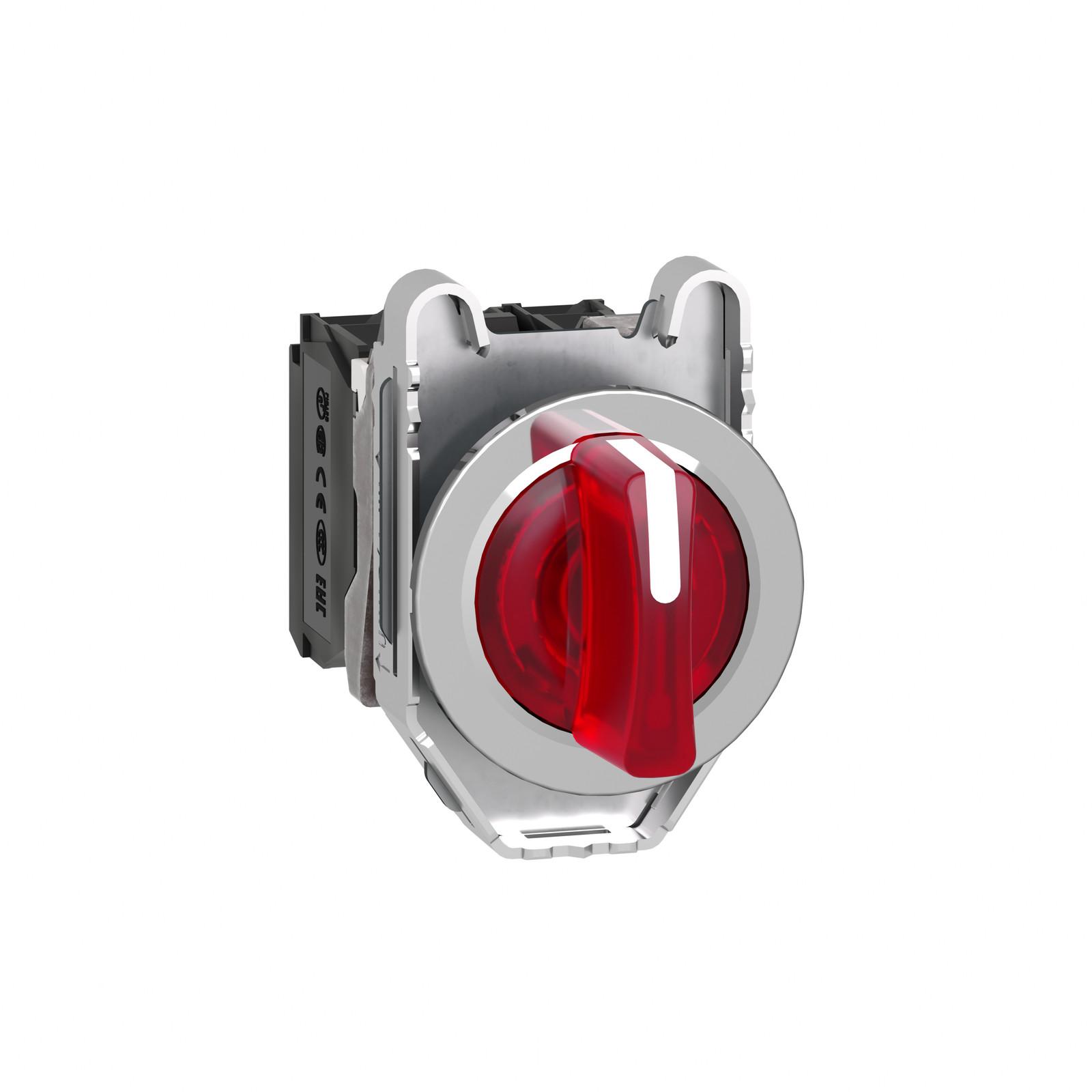 Illuminated selector switch, Harmony XB4, metal, red handle, 30mm, universal LED, 3 positions, 1NO + 1NC, 24V AC DC