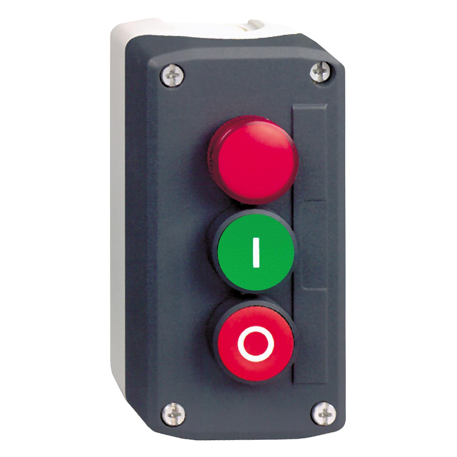 Complete control station, Harmony XALD, dark grey green flush/red flush pushbuttons Ø22 mm and red pilot light