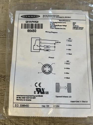 WORLD-BEAM QS18 Series: Receiver, Range: 20m, Input: 10-30V dc, Output: Complementary Solid State PNP, Integral Euro-Style Quick-Disconnect Connector