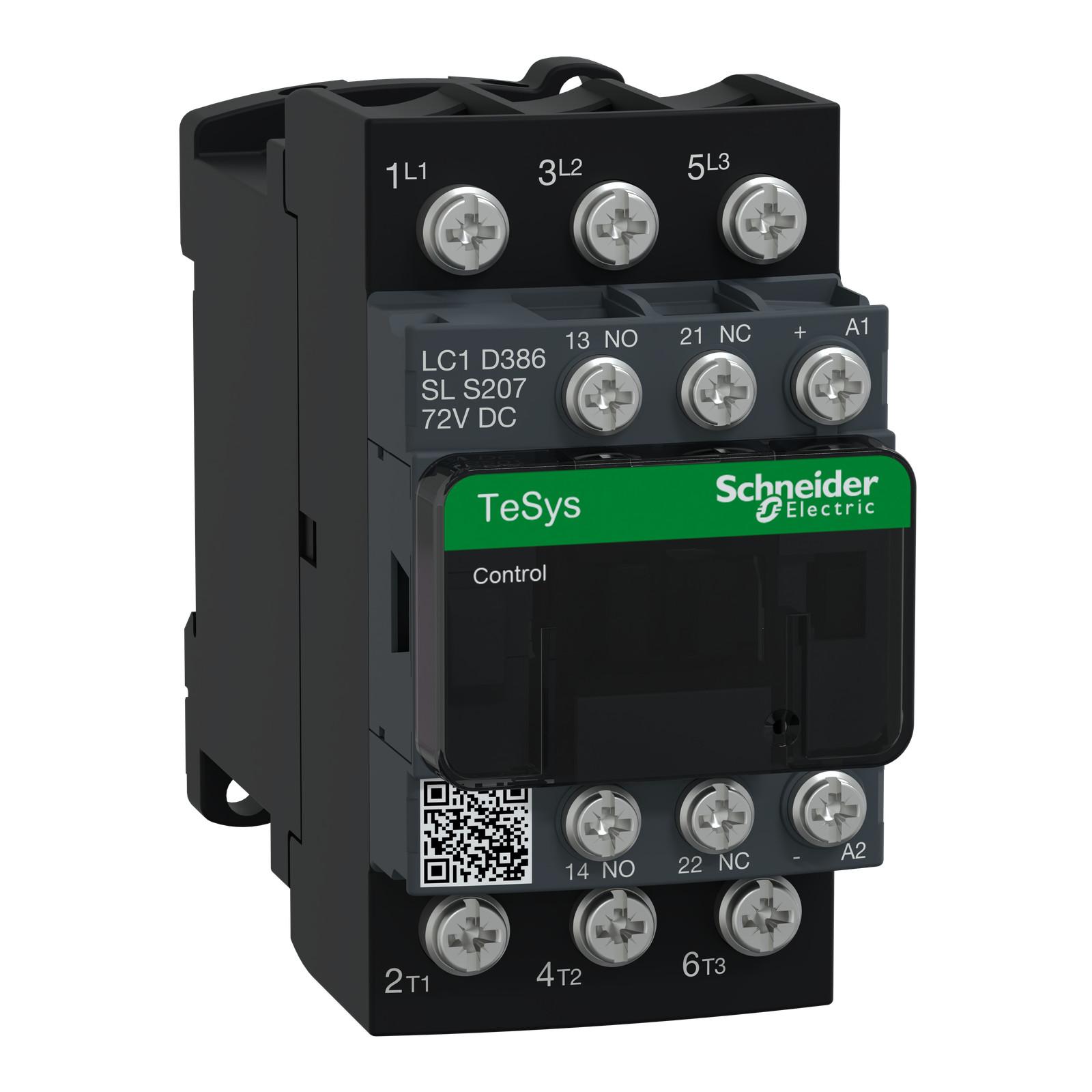 IEC contactor, TeSys D, nonreversing, 38A, 20HP at 480VAC, 3 phase, 3 pole, 3 NO, low consumption 72VDC coil, open style