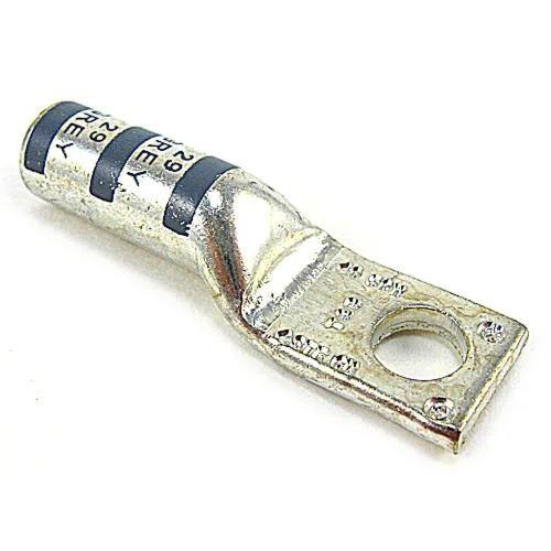 Copper One-Hole Lug, Long Barrel, Blind End, Max 35kV, Wire Size #4 AWG, 1/4 Inch Bolt Size, Tin Plated, Die Code 29, Die Color Code Gray