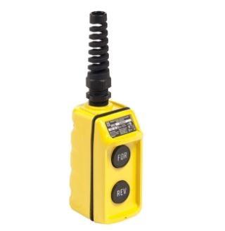 Pendant Station, 2 mechanically interlocked push buttons, NO contacts, FORWARD REVERSE, yellow enclosure, 600 VAC 5 A
