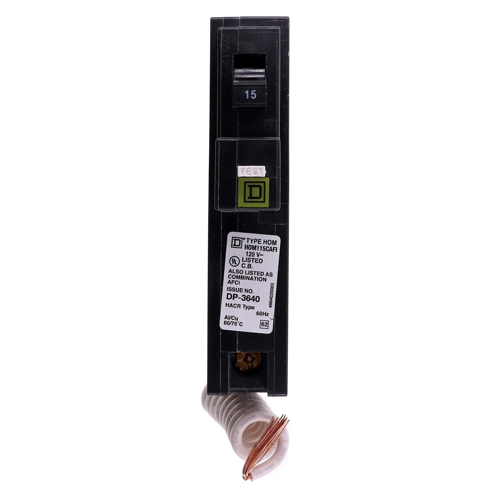 Mini circuit breaker, Homeline, 15A, 1 pole, 120VAC, 10kA AIR, combo arc fault, pigtail neutral, plug in, UL