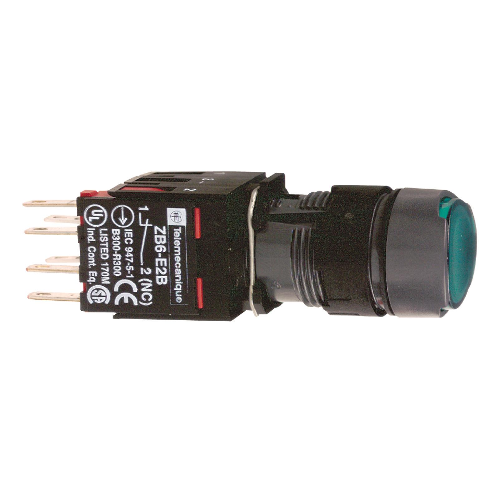 Complete illuminated push button, Harmony XB6, green flush, 16mm, spring return, 1NO + 1NC, 12...24V