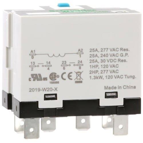 Power relay, SE Relays, 25A, 2NO, 24VDC, LED, flag indicator, locking push button, blade terminal, plug-in socket mount