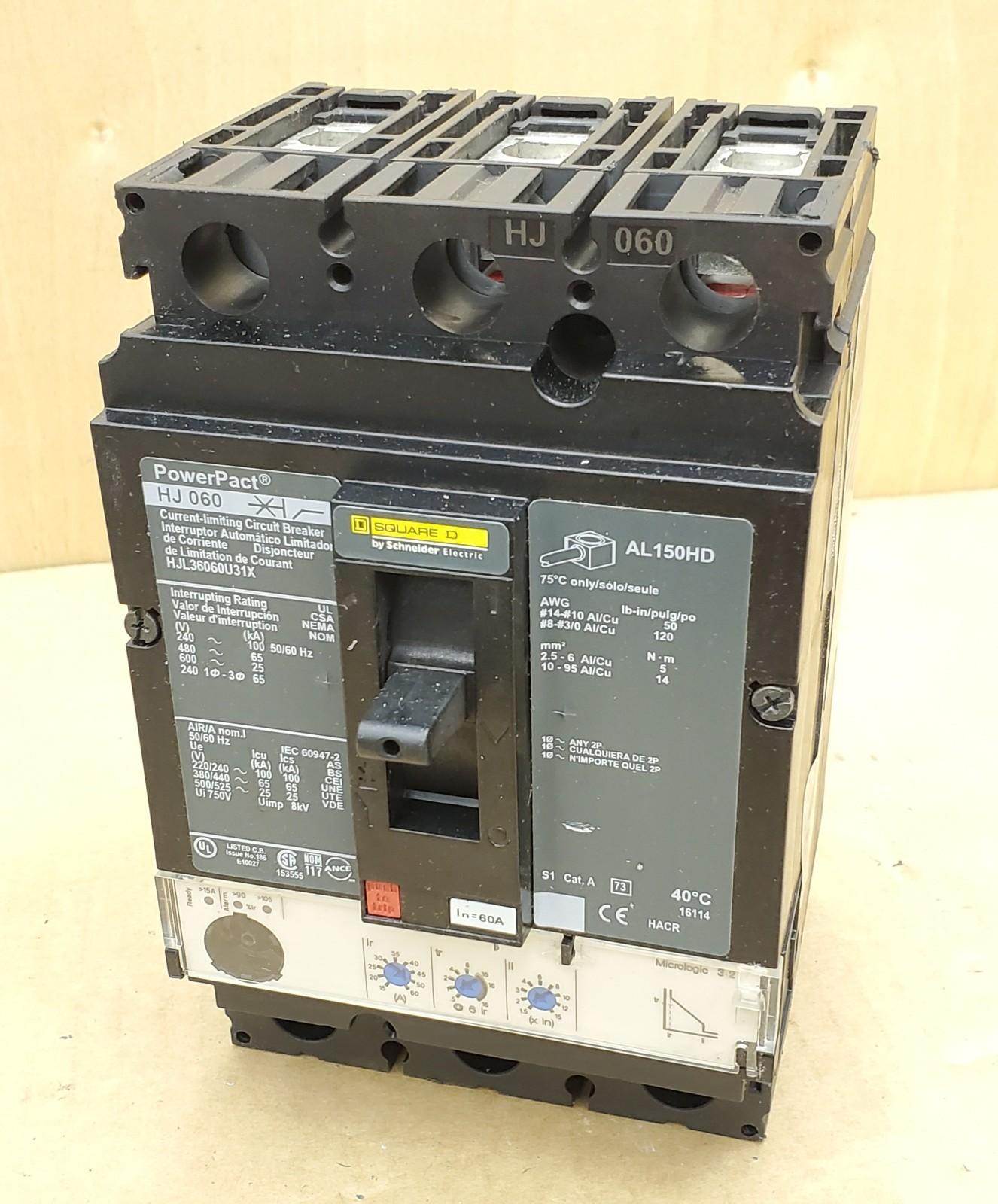 Circuit breaker, PowerPacT H, 60A, 3 pole, 600VAC, 25kA, lugs, Micrologic 3.2, 80%