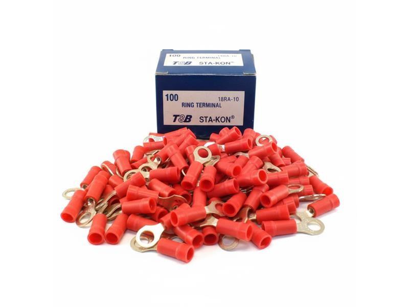 Vinyl-Insulated Ring Terminal, Length .97 Inches, Width .31 Inches, Maximum Insulation .150, Bolt Hole #10, Wire Range #22-#16 AWG, Color Red, Copper, Tin Plated