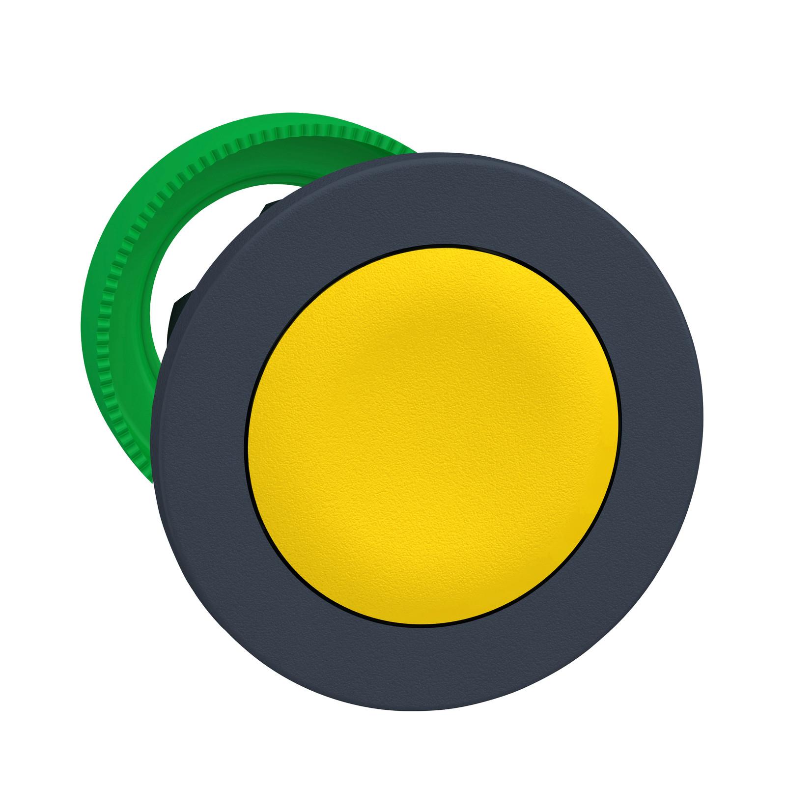 Antimicrobial Flush mounted push button head, Harmony XB5, plastic, yellow, 30mm, spring return, unmarked