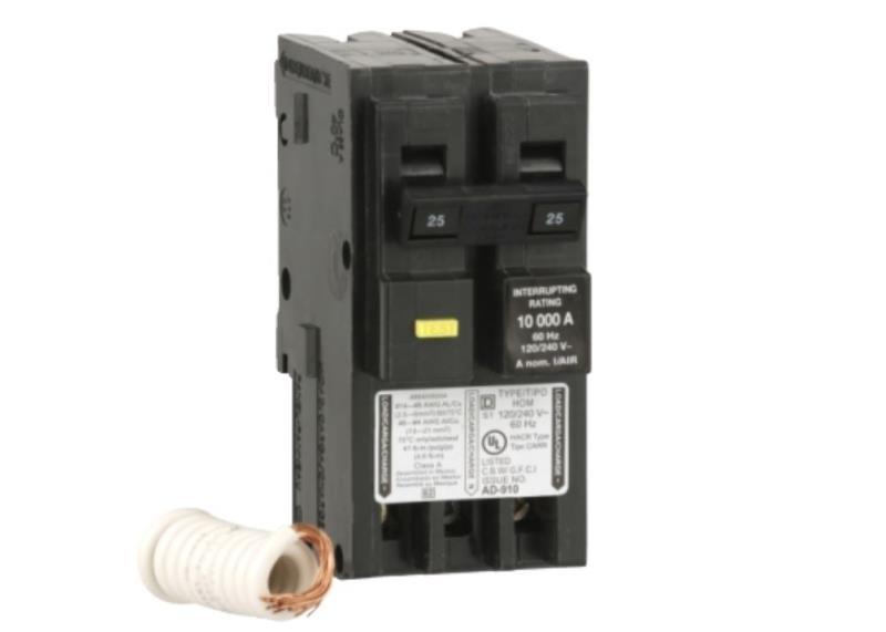 Mini circuit breaker, Homeline, 25A, 2 pole, 120/240VAC, 10kA AIR, ground fault class A, plug in, UL