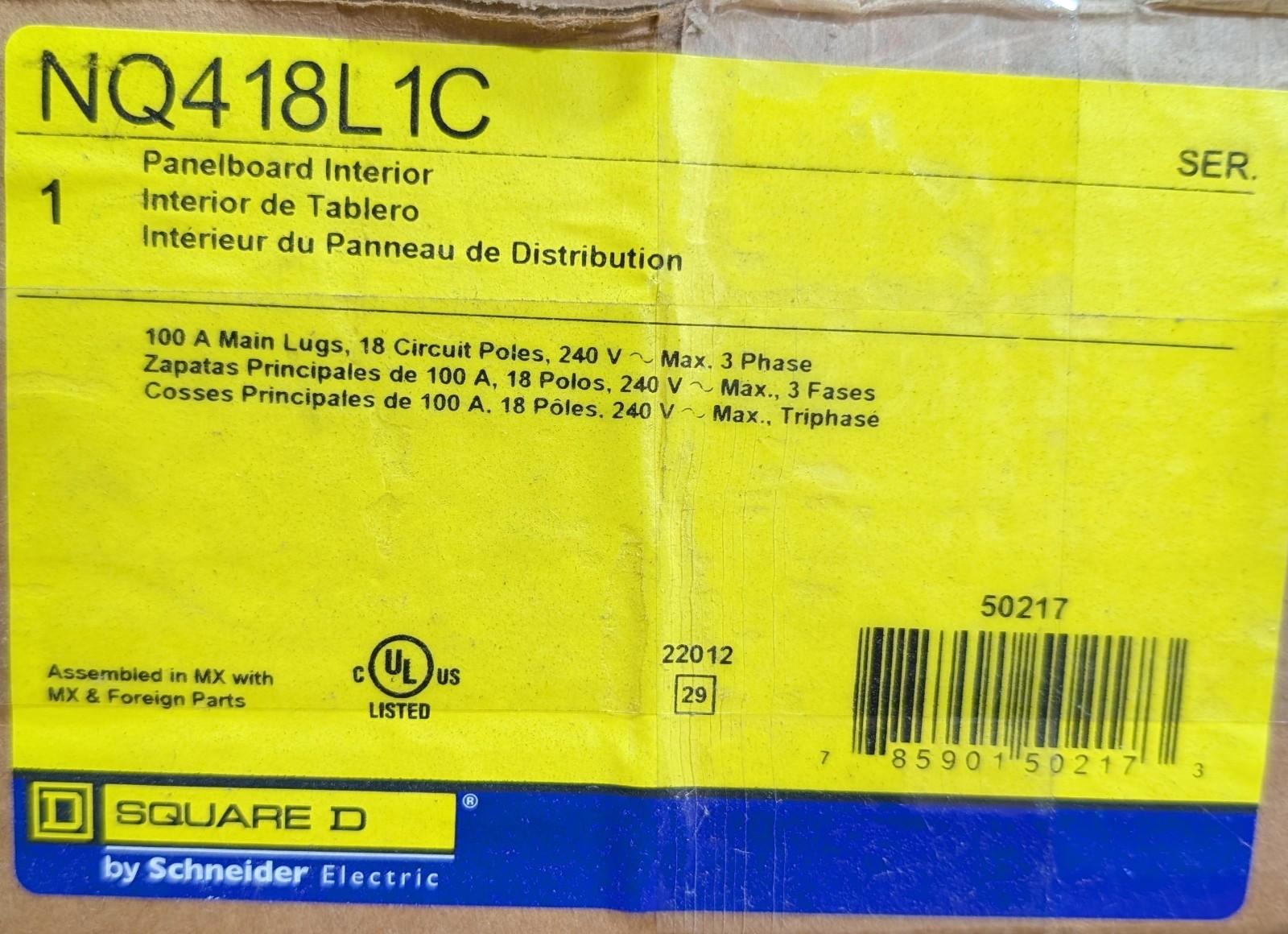 Panelboard interior, NQ, main lugs, 100A, Al bus, 18 pole spaces, 3 phase, 4 wire, 240VAC, 48VDC