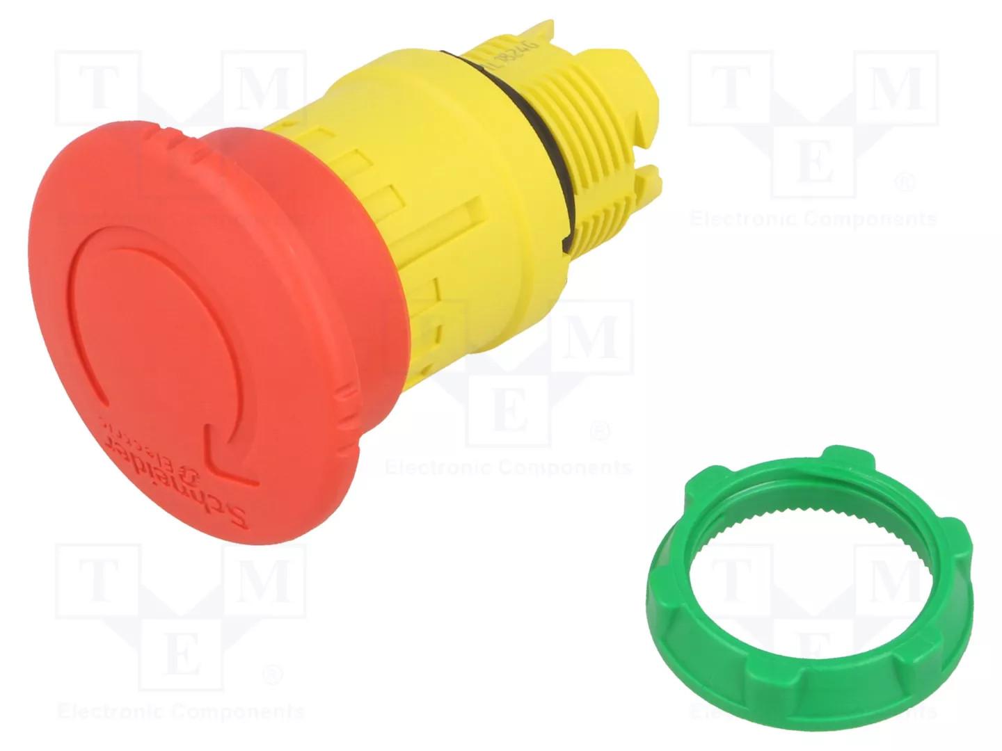 Head for emergency stop push button, Harmony XB5, switching off, plastic, red mushroom 40mm, 22mm, trigger latching turn to release, set of 10