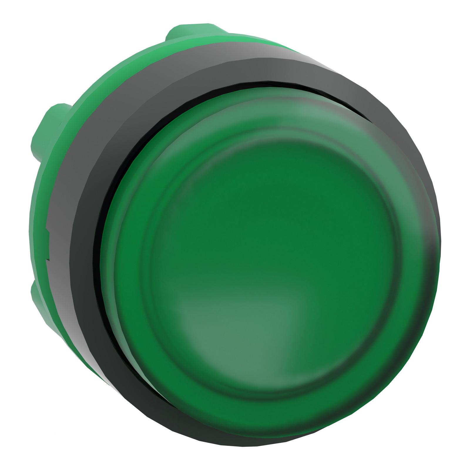 Head for illuminated push button, Harmony XB5, round green projecting, 22mm, universal LED, push to release, unmarked