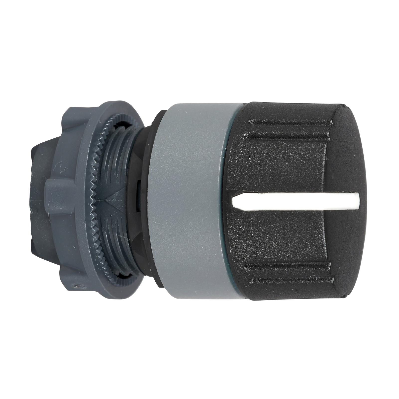 Selector switch knurled knob head, Harmony XB5, plastic, black, 22mm, 3 positions, spring return to center, grey bezel