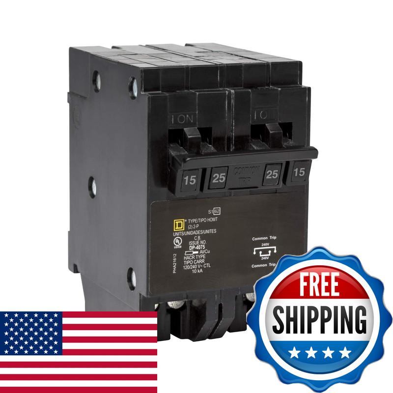 Quad tandem circuit breaker, Homeline, 1 x 2 pole at 15A, 1 x 2 pole at 25A, 120/240VAC, 10kA AIR, plug in, UL