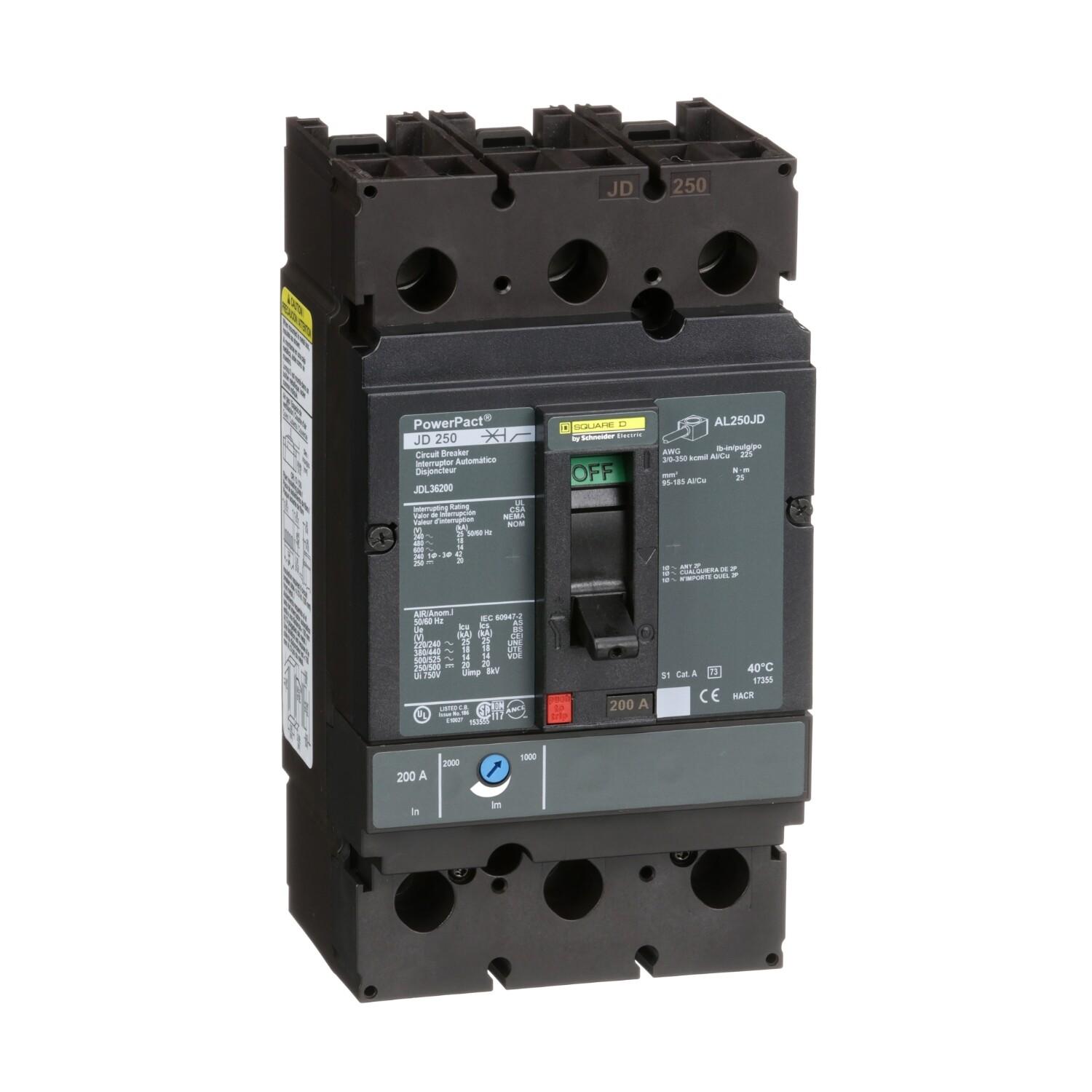 Circuit breaker, PowerPacT J, 200A, 3 pole, 600VAC, 14kA, lugs, thermal magnetic, 80%