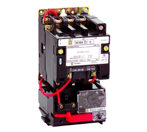 NEMA motor starter, Type S, nonreversing, Size 00, 9A, 2HP at 460VAC, up to 100kA SCCR, 3 phase, 3 pole, Motor Logic, 120VAC coil, open