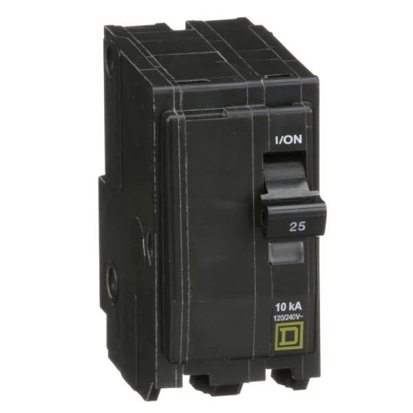 Mini circuit breaker, QO, 25A, 2 pole, 120/240VAC, 10kA, plug in mount