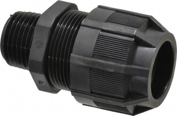 Liquidtight Strain Relief Connector, Straight, 1/2 Inch NPT Thread, Cable Range 0.500 Inch/12.7mm to 0.750 Inch/19.0mm, IP65 Rating, UV Resistant Polyamide 6.6 Body, Black