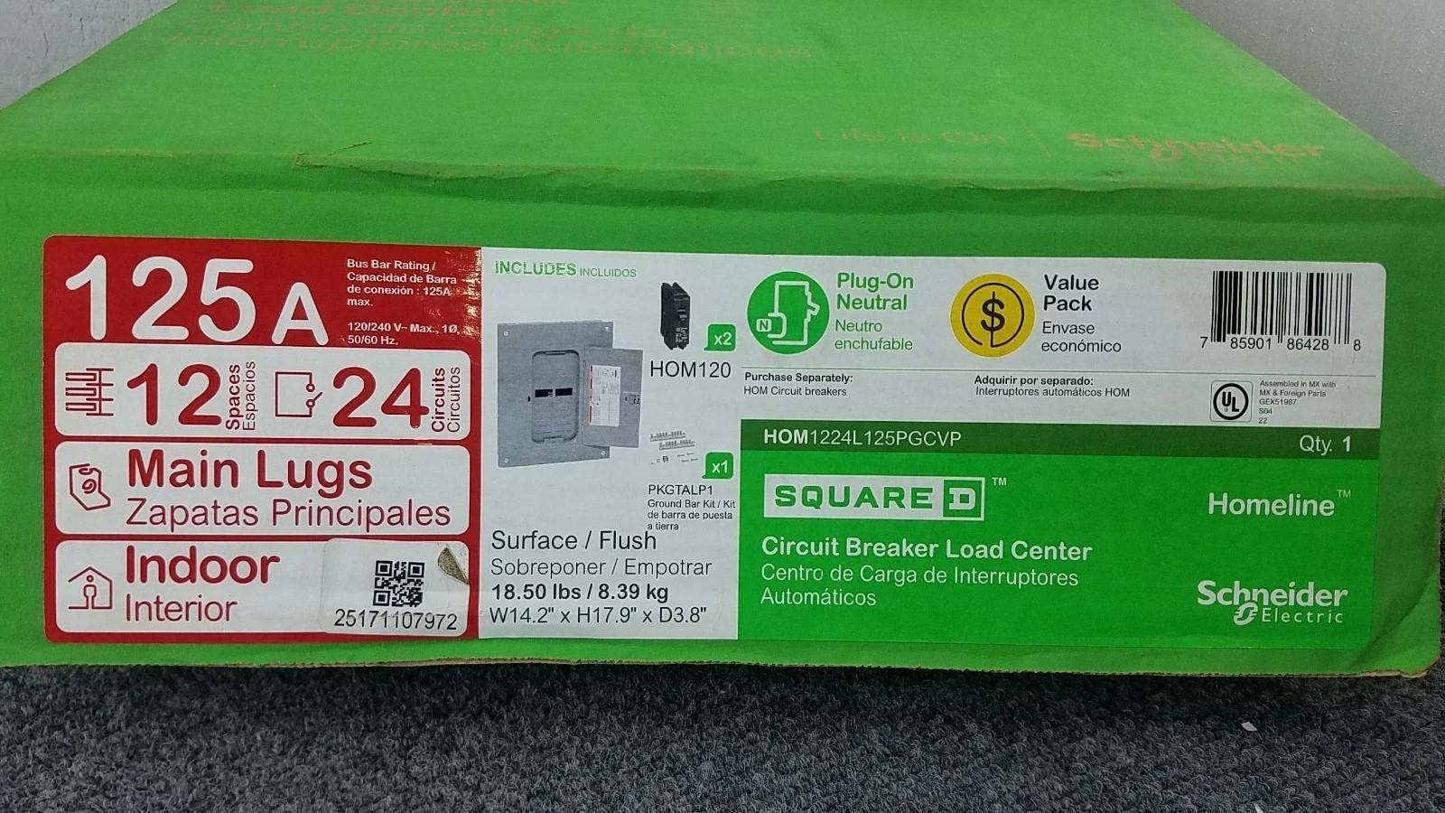 Load center, Homeline, 1 phase, 12 spaces, 24 circuits, 125A convertible main lugs, PoN, NEMA1, gnd bar, value pack